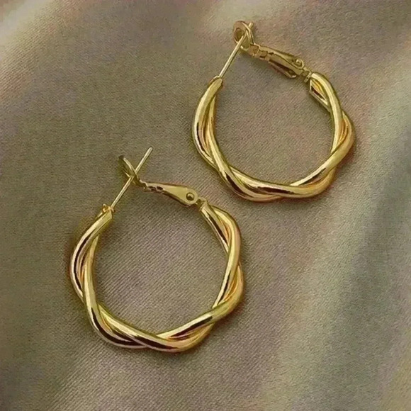 Golden Twisted Pattern Hoop Earrings - Picture 1 of 4